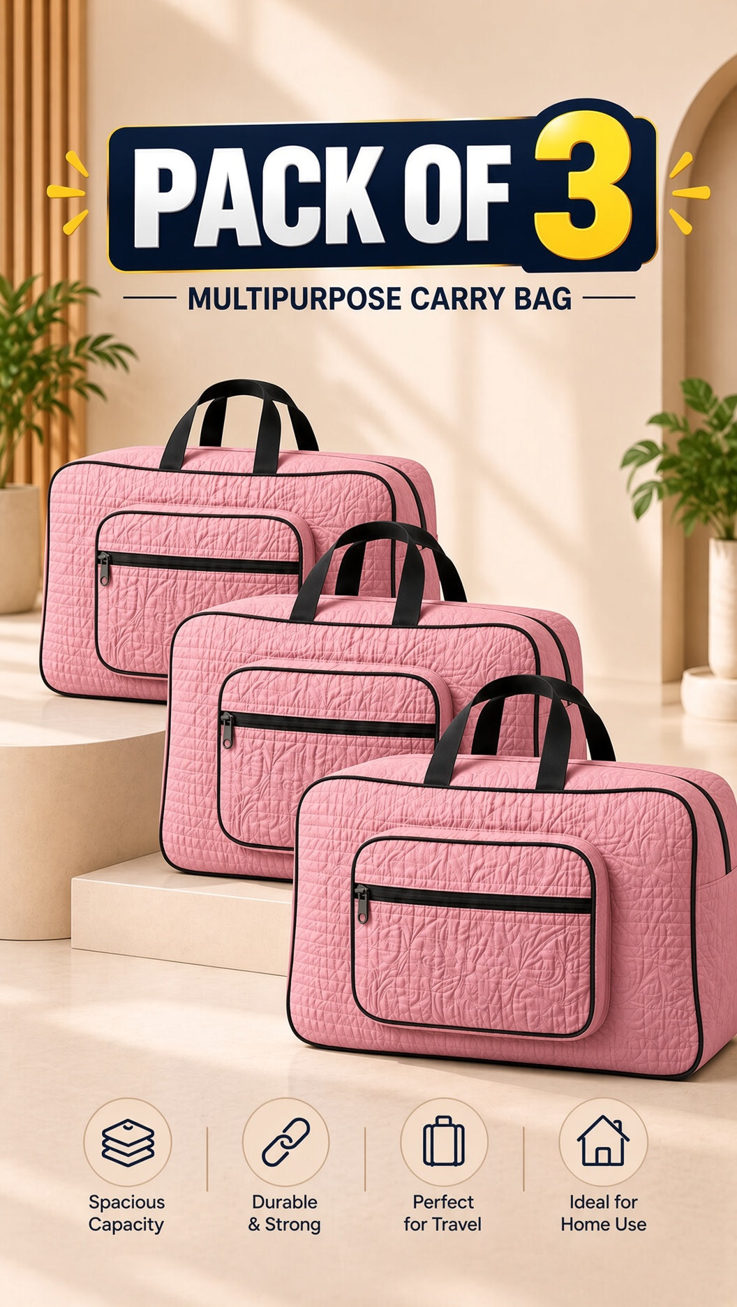 Signature Carry Ease Quilted Bag - Storage & Travelling Bag [Light Pink]