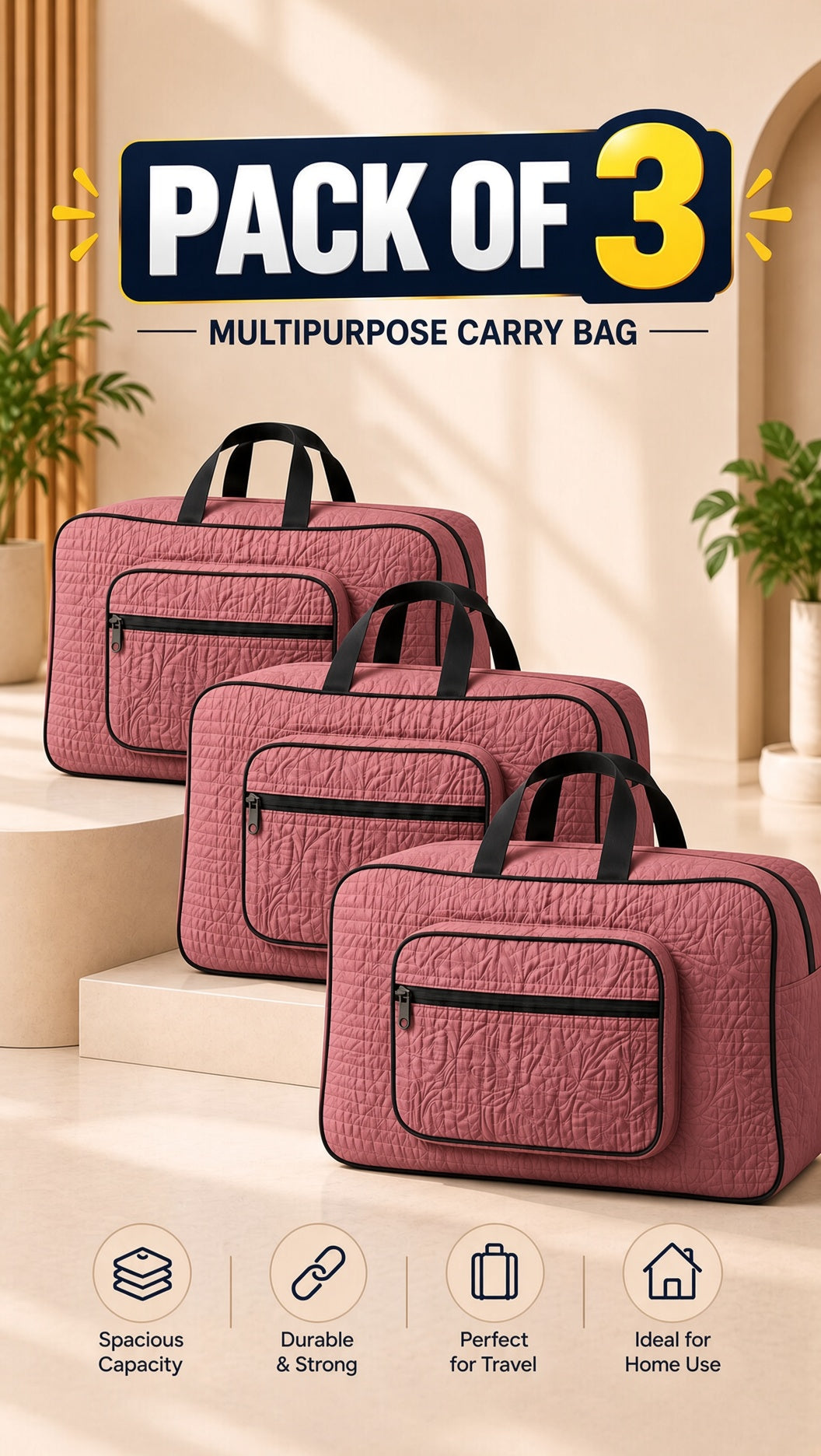 Signature Carry Ease Quilted Bag - Storage & Travelling Bag (Dark Pink)